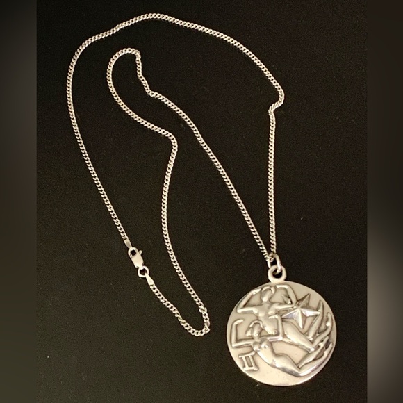 Vintage 1950s Margot De Taxco Zodiac Sterling Silver Gemini Pendant Necklace 24” - Picture 3 of 15